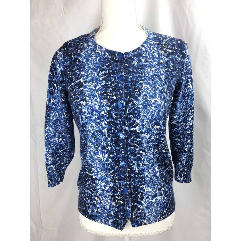 Talbots Cardigan SMALL Blue White Sweater Button Up 100% Cotton